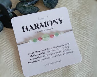 Pulsera de cristal de armonía / Morganita verde, rodocrosita, aventurina y piedra lunar / Pulsera de amor, sanación y equilibrio / Regalo de joyería para ella