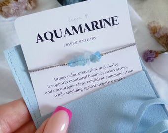 Pulsera, tobillera o collar de cristal de aguamarina / Joyería de piedras preciosas para calma y claridad, alivio de la ansiedad, joyería de regalo con la piedra natal de marzo