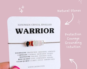 Warrior Crystal Bracelet, Strength & Resilience Gift for Her, Dainty Sterling Silver Silk Cord Bracelet Thinking of You Gift Women Jewellery