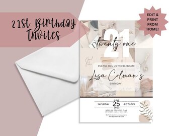 May include: A white envelope and a 21st birthday invitation. The invitation features the text "21st Birthday Invites" and "Twenty one". The invitation includes the name "Lisa Colman" and event details.