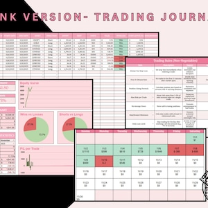 May include: Pink trading journal with detailed financial data, charts, and tables. Includes sections for equity curves, wins vs losses, and monthly statistics. Features the text "PINK VERSION - TRADING JOURNAL" and a "BESTSELLER" seal.