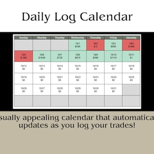 May include: A daily log calendar with a grid layout, featuring dates and financial data. The calendar includes the text "Daily Log Calendar" and the tagline "Visually appealing calendar that automatically updates as you log your trades!"