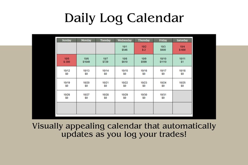 May include: A daily log calendar with a grid layout, featuring dates and financial data. The calendar includes the text "Daily Log Calendar" and the tagline "Visually appealing calendar that automatically updates as you log your trades!"