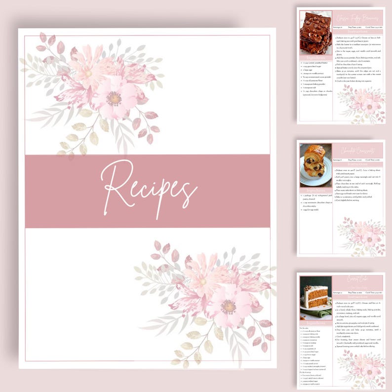 Recipe In Script Editable Recipe Book Template | Pink Floral Printable Recipe Pages ...