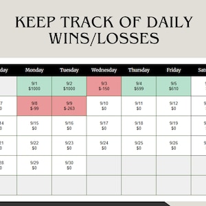 May include: A calendar-style chart with the text "KEEP TRACK OF DAILY WINS/LOSSES" at the top. The chart is divided into a grid with dates and dollar amounts, with some cells highlighted in green and red.