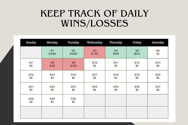 May include: A calendar-style chart with the text "KEEP TRACK OF DAILY WINS/LOSSES" at the top. The chart is divided into a grid with dates and dollar amounts, with some cells highlighted in green and red.