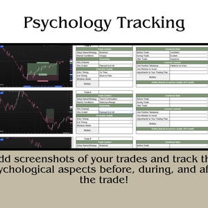 May include: A digital graphic with the text "Psychology Tracking" at the top. The image shows a trading chart with green and red lines, and a form to track psychological aspects of trades. The text below says "Add screenshots of your trades and track the psychological aspects before, during, and after the trade!"
