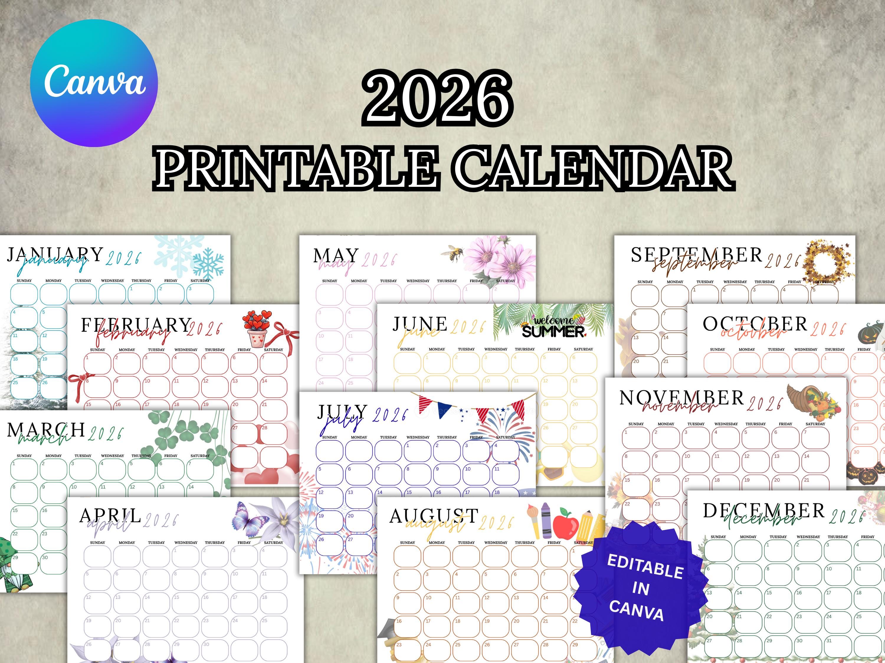 2026 Printable Calendar | Editable Canva Template | Cute Monthly ...