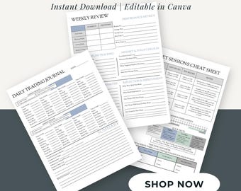 Forex Trading Journal Bundle | Editable Canva Templates | Daily & Weekly Trade Tracker, Market Sessions Cheat Sheet, Printable Trading Log