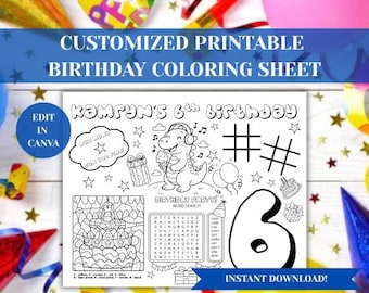 Custom Birthday Coloring Sheet Printable Personalized Birthday Activity Page Editable in Canva Kids Birthday Party Favor | Instant Download