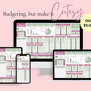 May include: A digital budgeting template displayed on a desktop computer, tablet, laptop, and smartphone. The template features a pink, green, and white color scheme with the text "Budgeting, but make it Cutesy".
