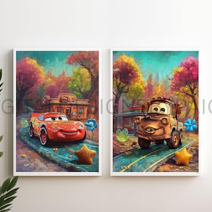 Cars Wall Art Set | Lightning McQueen & Tow Mater Digital Prints | Pixar Inspired Nursery Decor | Boys Room Wall Art