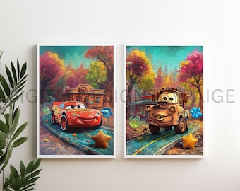Cars Wall Art Set | Lightning McQueen & Tow Mater Digital Prints | Pixar Inspired Nursery Decor | Boys Room Wall Art