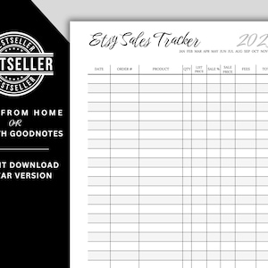 Può includere: Un Etsy Sales Tracker stampabile per il 2025, con un layout a griglia per il monitoraggio dei dati di vendita. Il design include il testo "Etsy Sales Tracker" e "2025". L'immagine presenta anche il testo "Print from Home or Use with Goodnotes" e "Instant Download 10-Year Version".