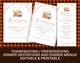 Thanksgiving Invitation Template | Friendsgiving Dinner Invite Menu | Editable & Printable Canva Template | Fall Party Invitation