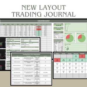 May include: A digital trading journal layout with the text "NEW LAYOUT TRADING JOURNAL". The journal includes a dashboard, trading rules, and a calendar. The dashboard displays financial data, charts, and graphs. The trading rules are listed in a table.