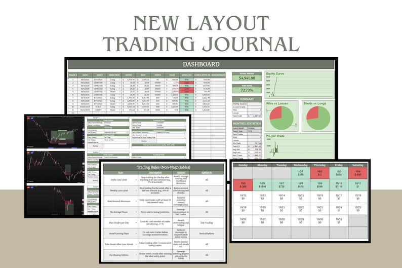 May include: A digital trading journal layout with the text "NEW LAYOUT TRADING JOURNAL". The journal includes a dashboard, trading rules, and a calendar. The dashboard displays financial data, charts, and graphs. The trading rules are listed in a table.