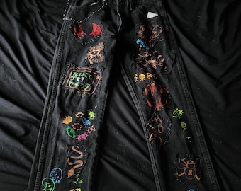 Handmade Alternative Jeans with Bleach Patches & Painted Motifs