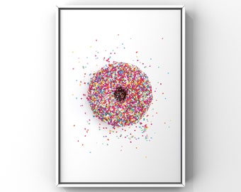 Fairy Bread Donut Photographic Print, pink Rainbow Sprinkle Doughnut Wall Hanging, Original Food Photography Wall Art, For Living Room Poste