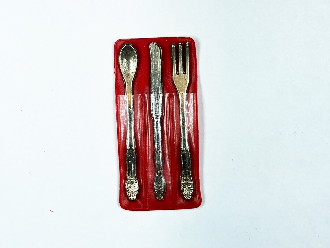 Tiny Vintage Miniature Silverware Set for Dollhouse in Red Plastic Case