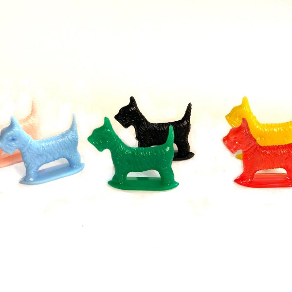 Set of 6 Vintage Plastic Scottie Dog Cracker Jack Charms - 1960s Toys - Gumball Machine Prize Collectibles