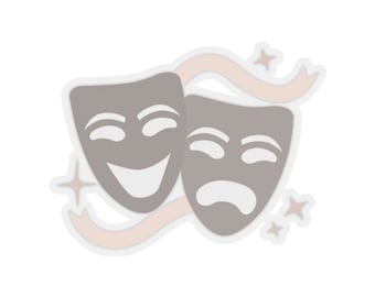 May include: Two gray theatrical masks, one smiling and one frowning, are connected by a pink ribbon. The masks are surrounded by small white stars.