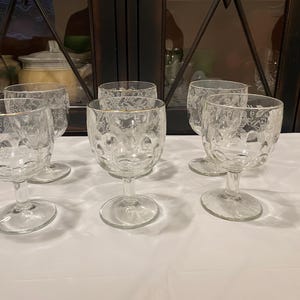 Vintage Bartlett Collins Grape Leaf Thumbprint Etched Glass Goblet Gold Rim #806 set of 6