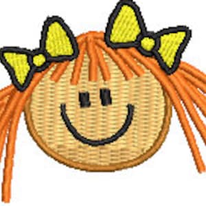 May include: A cartoon illustration of a girl with orange hair and yellow bows. The girl has a smiling face with black eyes and a black mouth.