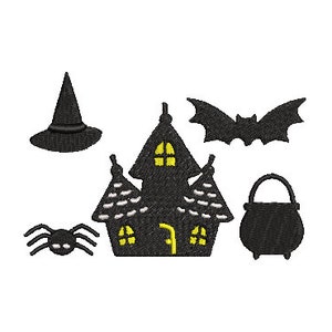 May include: Black and yellow Halloween embroidery design featuring a haunted house, a witch's hat, a bat, a spider, and a cauldron.