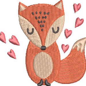 Könnte beinhalten: Ein süßer orangefarbener Fuchs mit geschlossenen Augen und einem buschigen Schwanz, umgeben von rosa Herzen.
