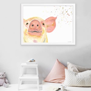 Pig Decor Water Color Painting, Mother Earth Farm Animal Nursery, Boho Artwork Animal Lover Gift, Farm Nursery Blush Pink Wall Art image 2