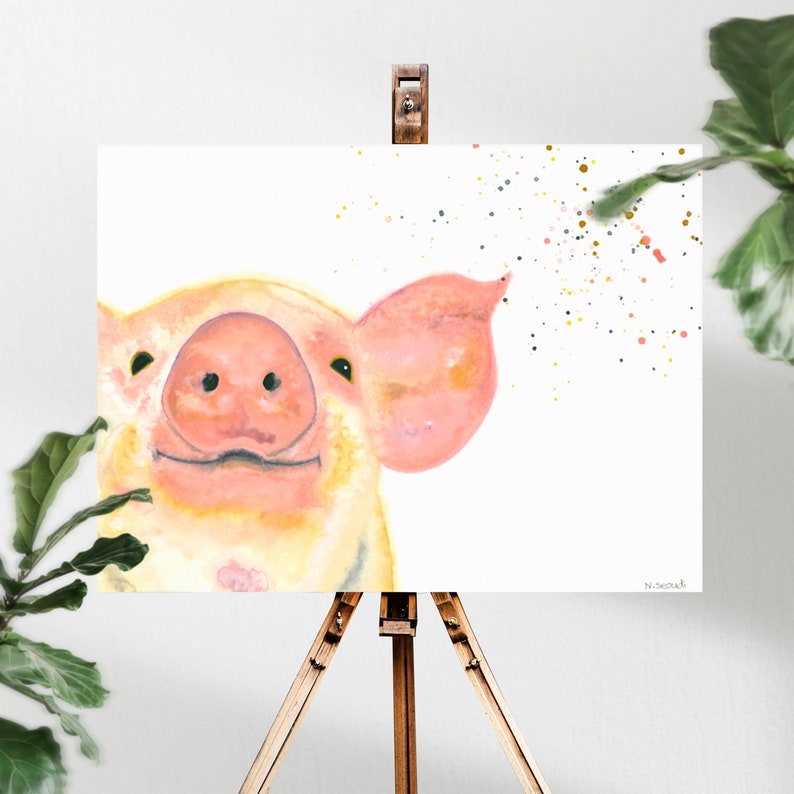 Pig Decor Water Color Painting, Mother Earth Farm Animal Nursery, Boho Artwork Animal Lover Gift, Farm Nursery Blush Pink Wall Art image 1