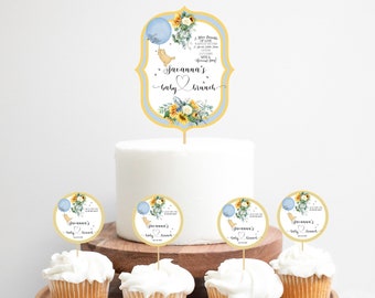 Watercolor Sunflower Classic Winnie The Pooh Baby Brunch Baby Shower Cake Topper & Cupcake Toppers, Personalized, Digital, Printable, A222