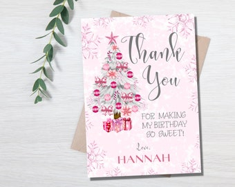 Winter Birthday Thank You Birthday Card, First Birthday, Pink Christmas Tree, Snowflakes, Digital Download, Personalized