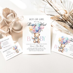 Gender Surprise We Can BearlyWait Baby Shower Bundle-Invite Danke-Karte Bücher für Baby Windel Verlosung, Teddybär einladen, Digital A278