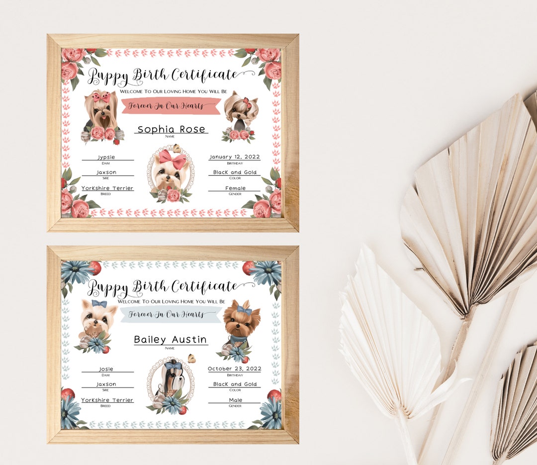 Yorkshire Terrier Puppy Birth Certificate, Breeder Birth Forms, Gift ...