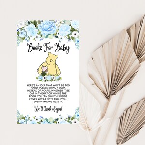 Boeken voor baby blauw en wit bloemen klassiek Winnie de Poeh en Knorretje Baby shower boekverzoek, digitale kaartinvoeging, gepersonaliseerd, A155