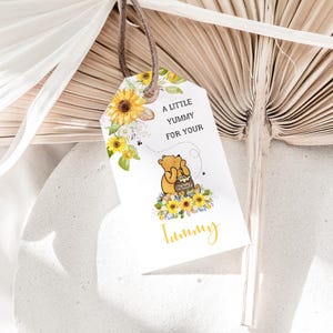 Aquarel zonnebloem Winnie de Pooh baby shower gunst Tags, bedanktag, een beetje lekker voor je buik, Instant Download, afdrukbare A112