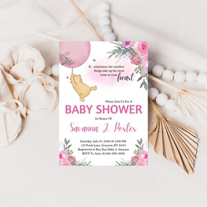 Classic Winnie The Pooh Baby Shower Invitation, Pink Watercolor Florals, Pink Balloon, Digital Download, Printable, Personalized, A233