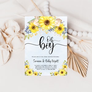 Oh Boy aquarel zonnebloem baby shower uitnodiging, digitale download, zonnebloemen, babyjongen, afdrukbaar, gepersonaliseerd, A107