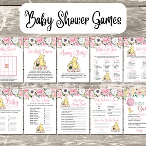 10 Classic Winnie the Pooh Digital Baby Shower Games Bundle, Pooh & Piglet, Pink Roses, Watercolor Pink Florals, Instant Download, A135