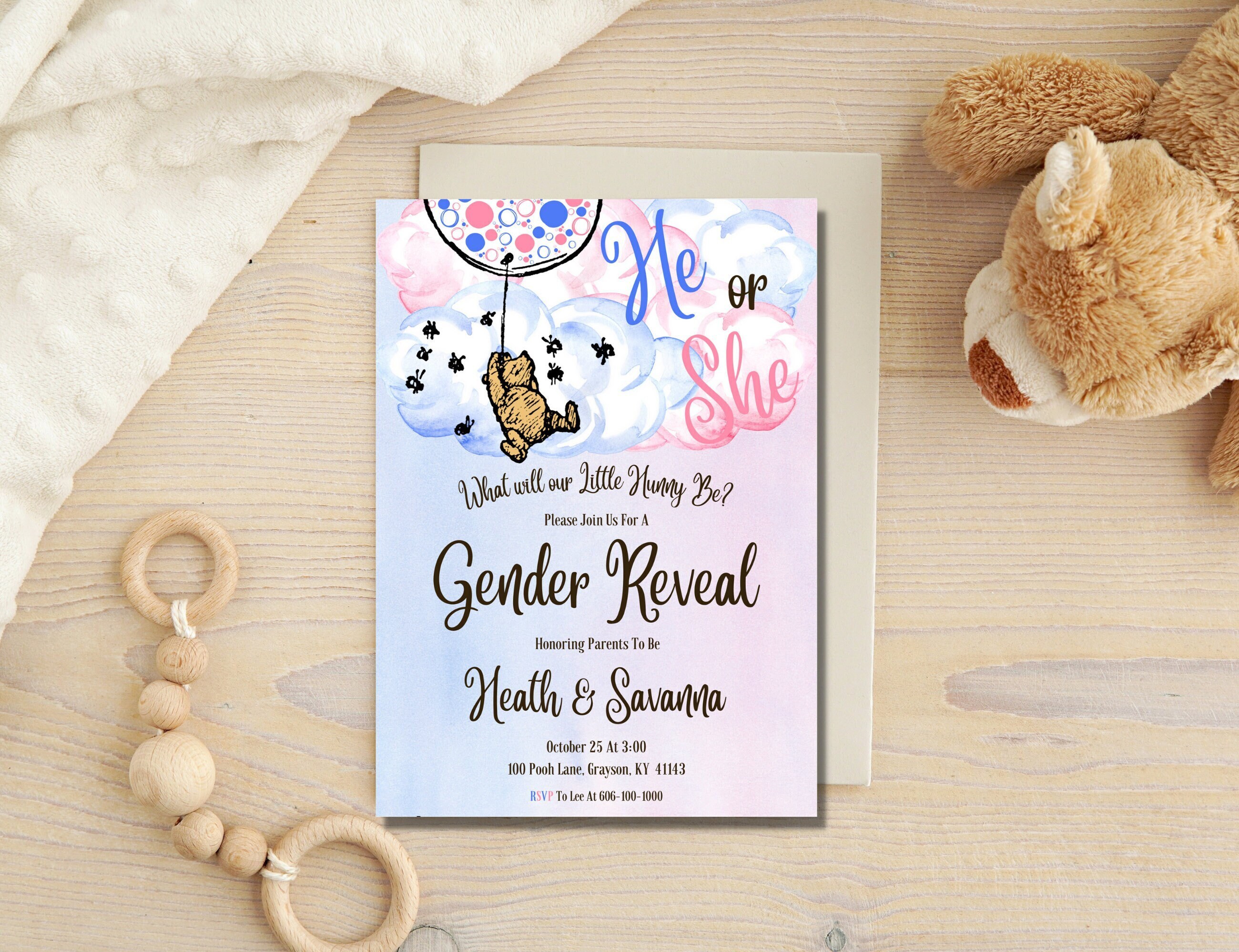 Classic Winnie the Pooh Gender Reveal Invitation, He or She, Boy or