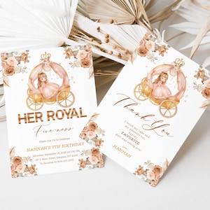 Boho Floral Her Royal Fiveness verjaardagsuitnodiging set, prinses uitnodigen & bedankkaart, prinses themafeest, digitaal, gepersonaliseerd, A293