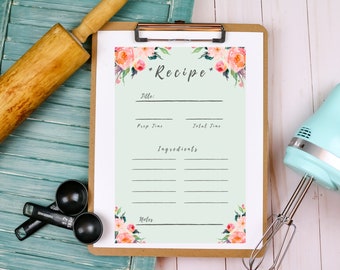 Recipe Card, Pink Watercolor Flowers. Kitchen, Cooking, Wedding, Digital Download, PNG, 4x6, Printable, Handwritten Recipe, Wedding Gift,