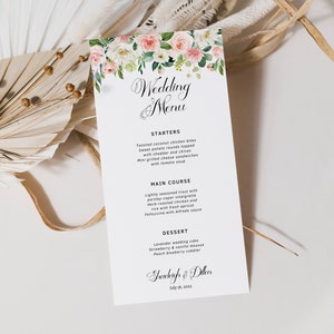 Menu de casamento floral com blush aquarela digital, menu de casamento personalizado, para impressão, A256