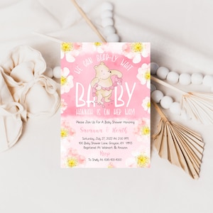 Pink Floral Watercolor Winnie the Pooh We Can Bear-ly Wait Baby Shower Invitation, Digital Invite,  Printable, Personalized, A242