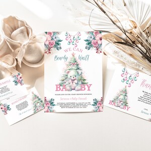 Lot Fête prénatale rose et menthe de Noël, tirage au sort bébé de décembre, cartes d'invitation de remerciement pour les couches de bébé, numérique A298