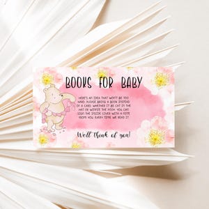 Roze bloemen aquarel Winnie de Poeh We Can Bearly Wait babyshower boeken voor baby kaart invoegen, boekaanvraag kaart, digitale download, A242