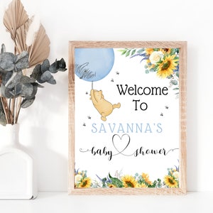 Watercolor Sunflower Classic Winnie The Pooh Baby Shower Welcome Sign, Pooh Blue Balloon, Boy Baby Shower, Personalized Digital, A222