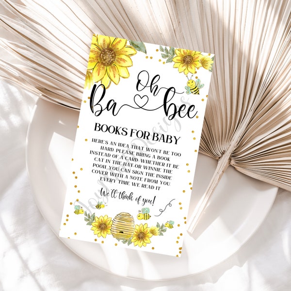 Watercolor Sunflowers Oh Ba-Bee Baby Shower Books For Baby Invitation Card Insert, Gender Neutral, Book Request Card, Digital Download, A102